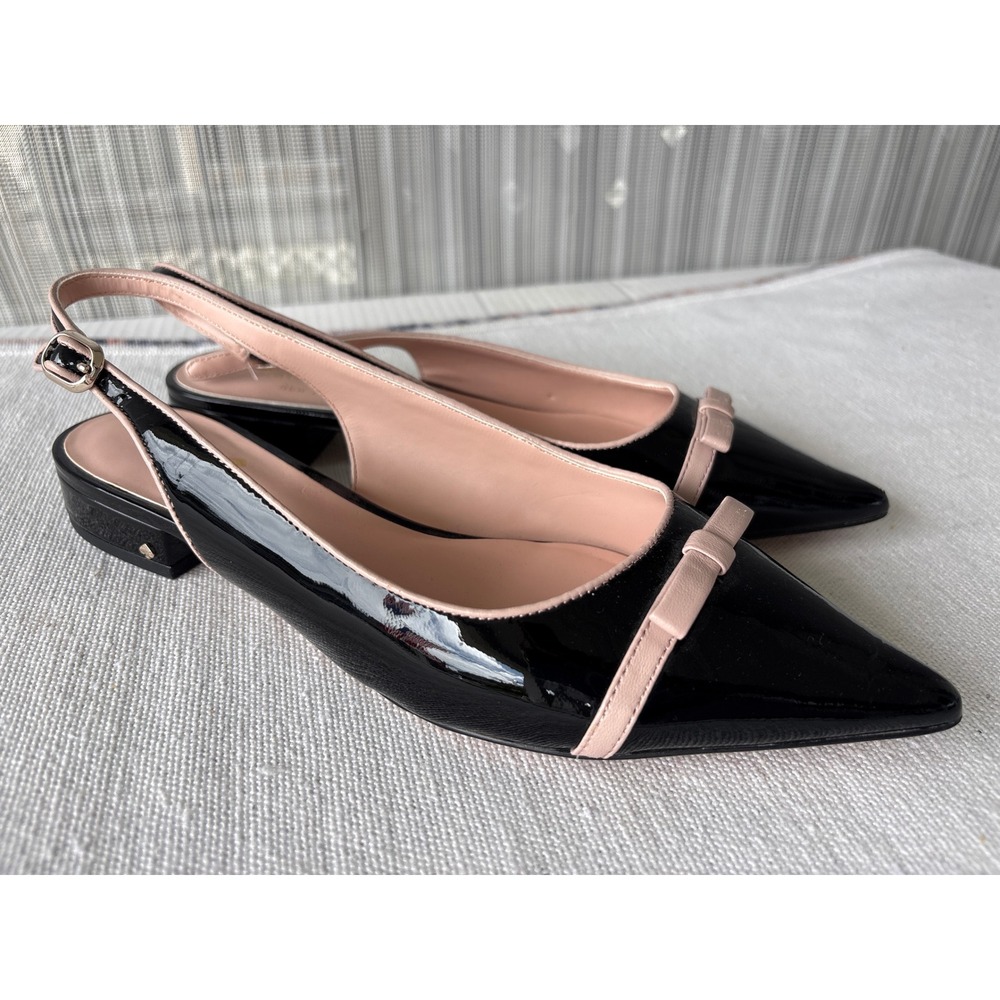 Kate Spade Black Patent Leather Blush Trim Bow Slingback Flats 8.5B